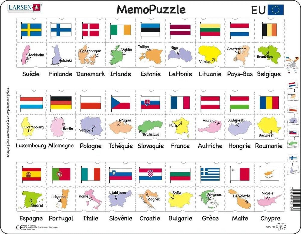 Larsen drapeaux et capitales de l'union européenne – puzzle mémo – union européenne – drapeaux et capitales – puzzle éducatif pour enfants – 54 pieces – fabriqué en norvège – pieces extra épaisses de 2.5 mm – plateau with bord fixe