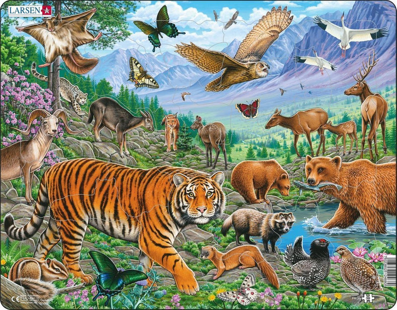 Larsen animales salvajes en el verano siberiano - rompecabezas - animales - animales salvajes - rompecabezas educativo para niños - 36 piezas - fabricado en Noruega - piezas extra gruesas de 2,5 mm - bandeja con borde fijo