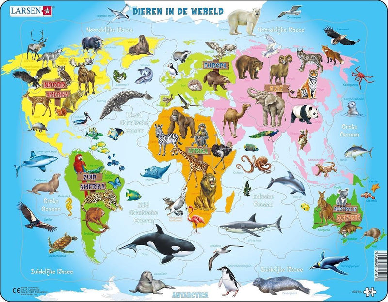 Larsen animales en el mundo - puzzle - mapas geografia - mundo con animales - rompecabezas educativo para niños - 28 piezas - fabricado en Noruega - piezas extra gruesas de 2,5 mm - bandeja con borde fijo