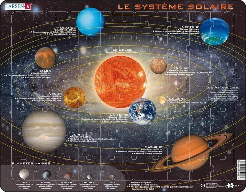 Sistema solare Larsen – puzzle – spazio – pianeti e astronomia – puzzle educativo per bambini – 70 pezzi – fabbricato in Norvegia – pezzi extra da 2,5 mm – plateau con piastra fissa
