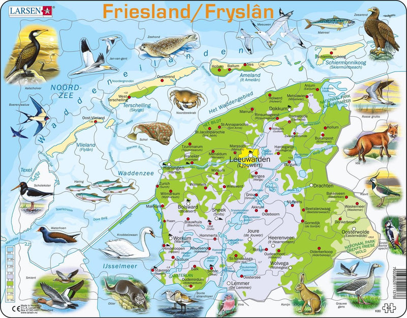 Larsen frisia geográfica con animales - rompecabezas - mapas geografía - Países Bajos - rompecabezas educativo para niños - 64 piezas - fabricado en Noruega - piezas extra gruesas de 2,5 mm - bandeja con borde fijo