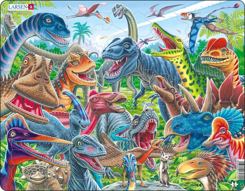 Larsen happy dinosaurs - puzzle - animali - preistoria - puzzle educativo per bambini - 43 pezzi - prodotto in Norvegia - pezzi extra spessi 2,5 mm - vassoio con bordo fisso