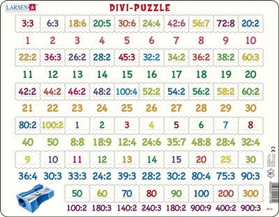 Larsen delen – puzzel – leren rekenen – delen – educatieve legpuzzel voor kinderen – 58 stukjes – gemaakt in noorwegen – extra dikke 2,5 mm stukjes – tray met vaste rand