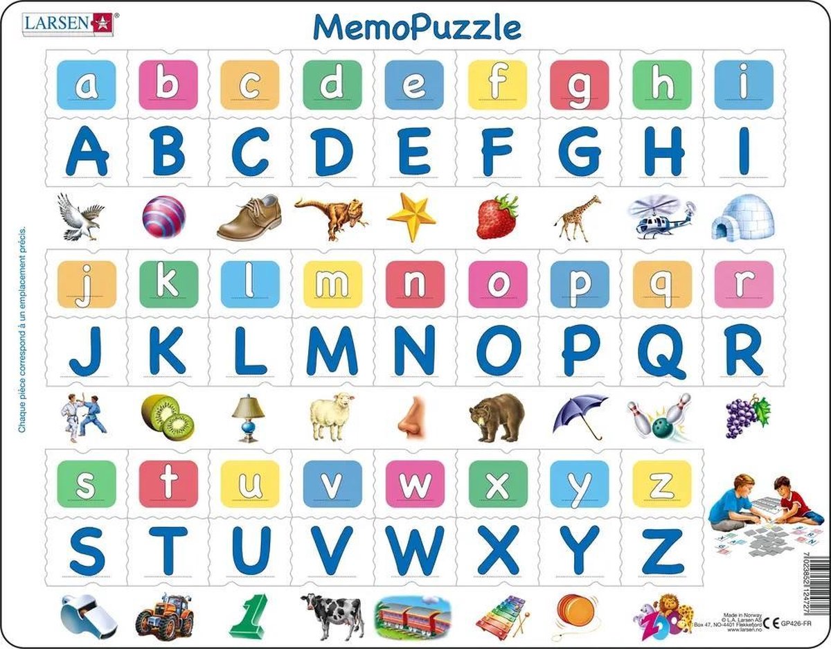 Larsen alphabet majuscules et minuscules – puzzle mémo – alphabet – lettres majuscules et minuscules – puzzle éducatif pour enfants – 52 pieces – fabriqué en Norvège – pieces extra épaisses de 2.5 mm – plateau with bord fixe