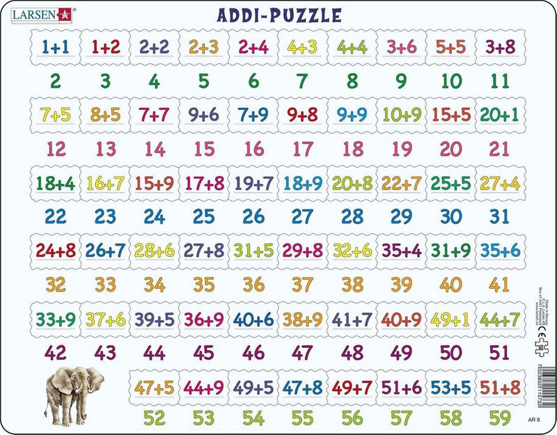 Addizione Larsen - puzzle - imparare a contare - addizione - puzzle educativo per bambini - 58 pezzi - prodotto in Norvegia - pezzi extra spessi 2,5 mm - vassoio con bordo fisso