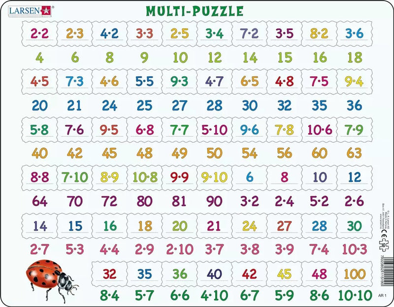 Moltiplicazione Larsen - puzzle - imparare a contare - moltiplicazione - puzzle educativo per bambini - 58 pezzi - prodotto in Norvegia - pezzi extra spessi 2,5 mm - vassoio con bordo fisso