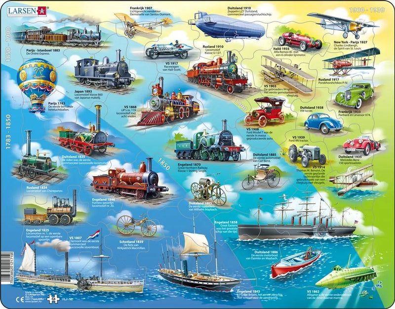 Veicoli storici Larsen – Puzzle – Tecnologia dei veicoli – Veicoli storici – Puzzle educativo per bambini – 54 pezzi – Prodotto in Norvegia – Pezzi extra spessi 2,5 mm – Vassoio con bordo fisso