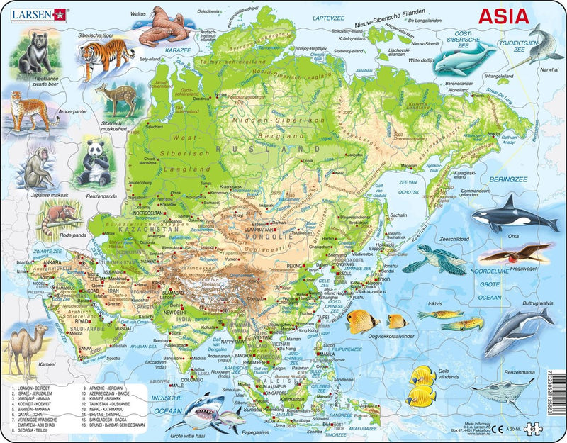 Larsen asia geográfica con animales - rompecabezas - mapas geografía - asia - rompecabezas educativo para niños - 63 piezas - fabricado en noruega - piezas extra gruesas de 2,5 mm - bandeja con borde fijo