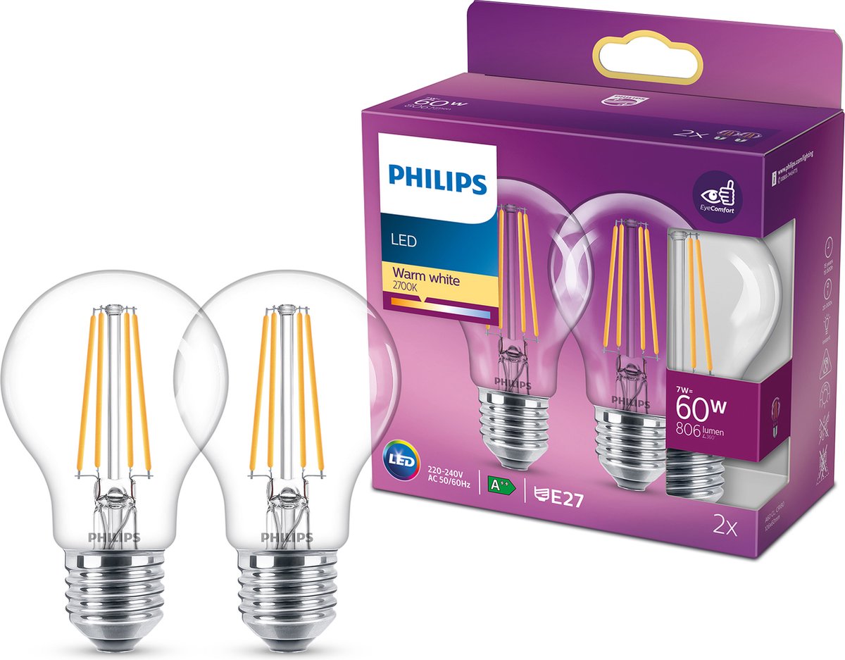 Philips led lamp - standaard lampvorm met e27 fitting - warmwit licht: 2700k - 60w - helder glas - 2-pack