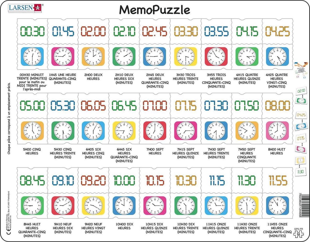 Larsen apprendre l'heure – puzzle mémo – watch – lecture de l'heure – puzzle éducatif pour enfants – 54 pieces – fabriqué en norvège – pieces extra épaisses de 2.5 mm – plateau with bord fixe