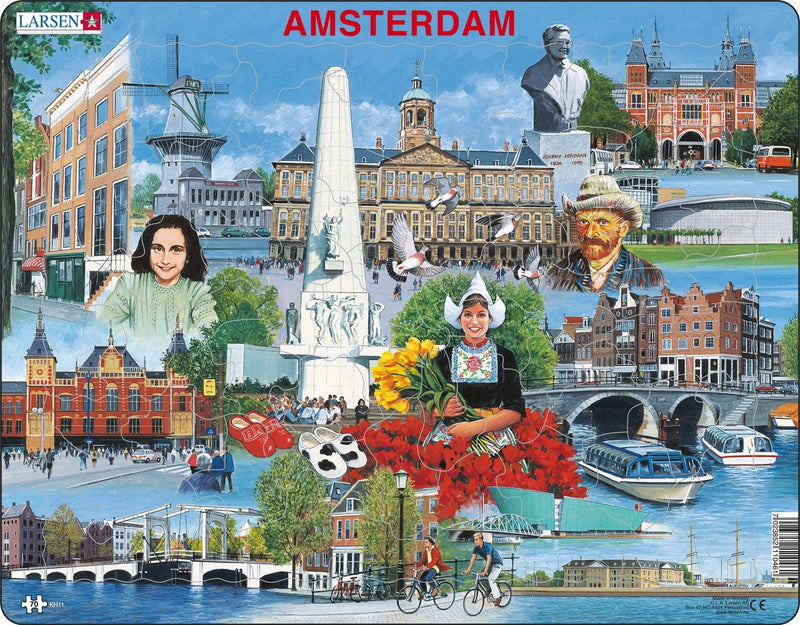 Larsen Amsterdam attrazioni turistiche – puzzle – mappe geografiche – Paesi Bassi – puzzle educativo per bambini – 66 pezzi – prodotto in Norvegia – pezzi extra spessi 2,5 mm – vassoio con bordo fisso