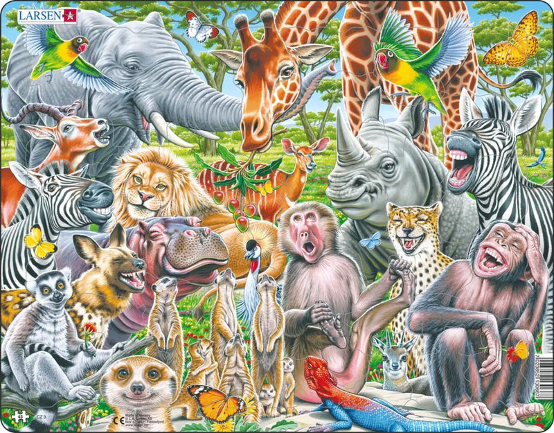 Larsen Happy African Animals – Puzzle – Animali – Africa – Puzzle educativo per bambini – 43 pezzi – Prodotto in Norvegia – Pezzi extra spessi 2,5 mm – Vassoio con bordo fisso