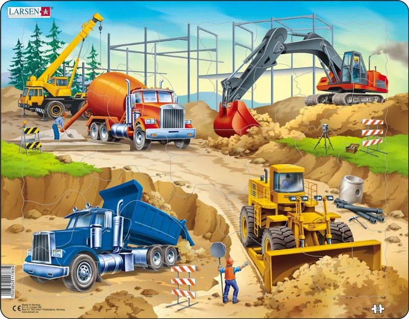 Larsen el sitio de construcción – rompecabezas – tecnología de vehículos – sitio de construcción – rompecabezas educativo para niños – 30 piezas – fabricado en Noruega – piezas extra gruesas de 2,5 mm – bandeja con borde fijo
