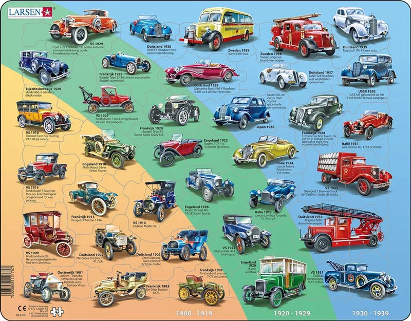 Larsen auto storiche – puzzle – tecnologia automobilistica – automobili – puzzle educativo per bambini – 42 pezzi – prodotto in Norvegia – pezzi extra spessi 2,5 mm – vassoio con bordo fisso