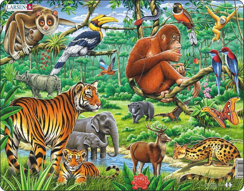 Larsen in the Jungle – Puzzle – Animali – Giungla – Puzzle educativo per bambini – 20 pezzi – Prodotto in Norvegia – Pezzi extra spessi 2,5 mm – Vassoio con bordo fisso