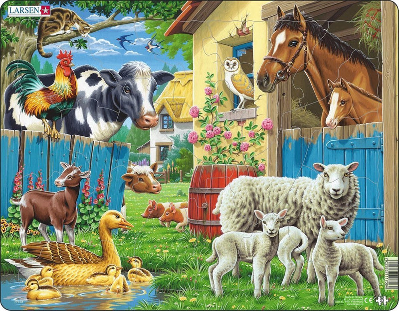 Larsen animales de granja - rompecabezas - animales - granja - rompecabezas educativo para niños - 23 piezas - fabricado en Noruega - piezas extra gruesas de 2,5 mm - bandeja con borde fijo