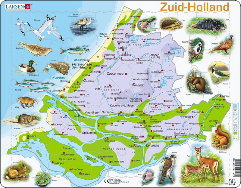 Larsen Olanda meridionale con animali – puzzle – mappe geografiche – Paesi Bassi – puzzle educativo per bambini – 62 pezzi – prodotto in Norvegia – pezzi extra spessi 2,5 mm – vassoio con bordo fisso