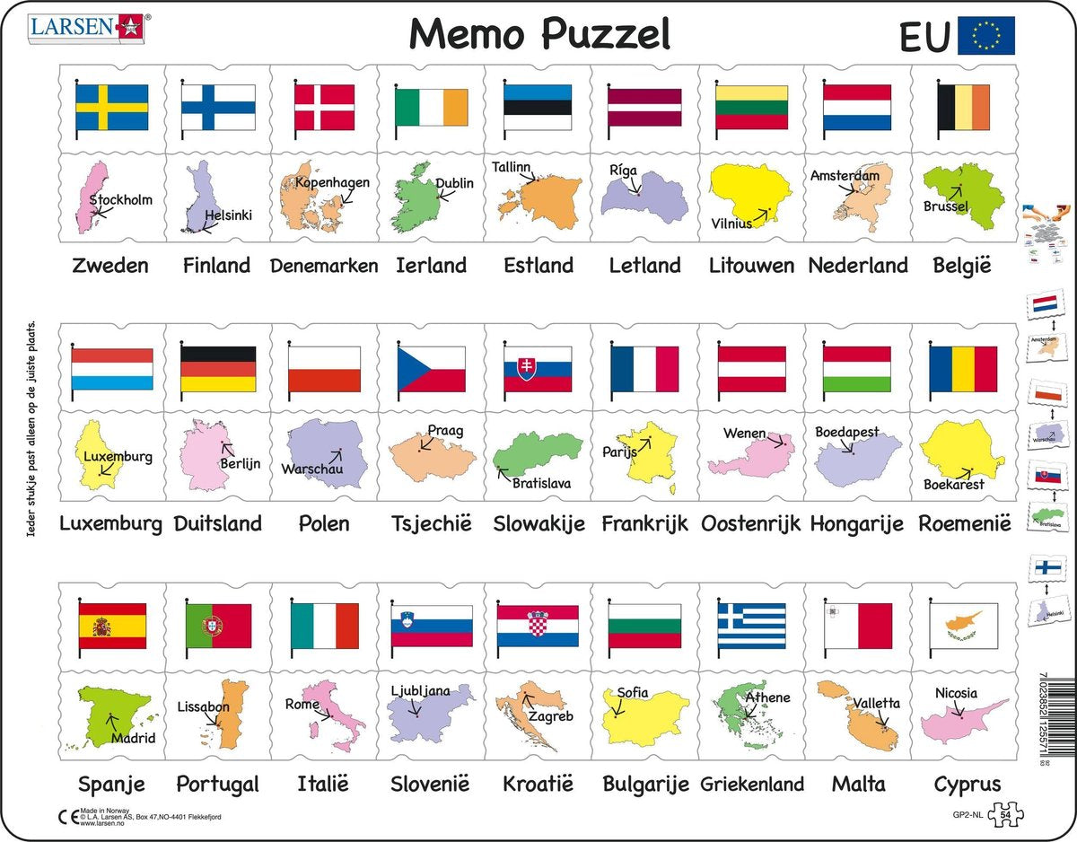 Nomi, bandiere e capitali Larsen di 27 Stati membri dell'UE - puzzle - mappe geografiche - Unione Europea - puzzle educativo per bambini - 54 pezzi - prodotto in Norvegia - pezzi extra spessi 2,5 mm - vassoio con bordo fisso
