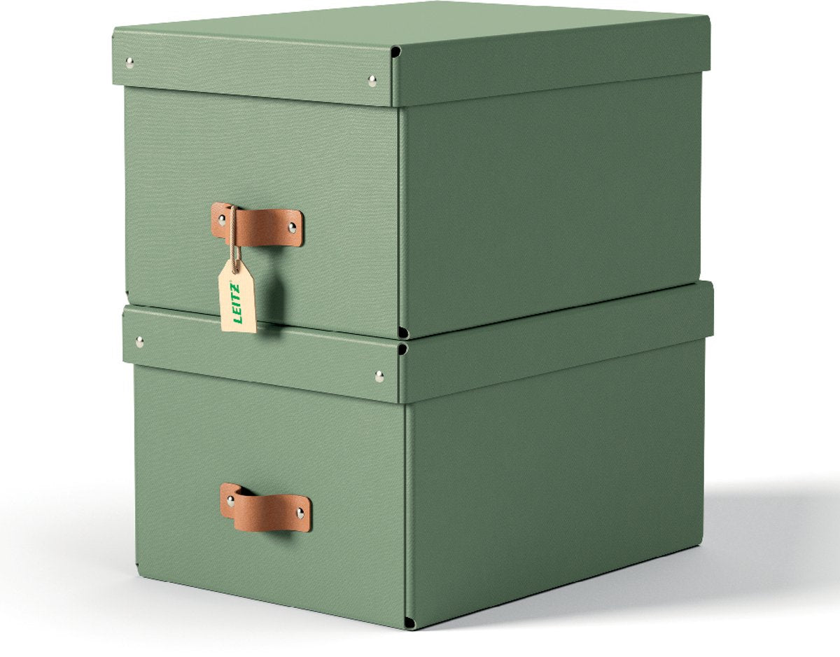 Caja de almacenamiento mediana con tapa Leitz puro - juego de 2 - 17 l - cartón 100 % reciclado - verde