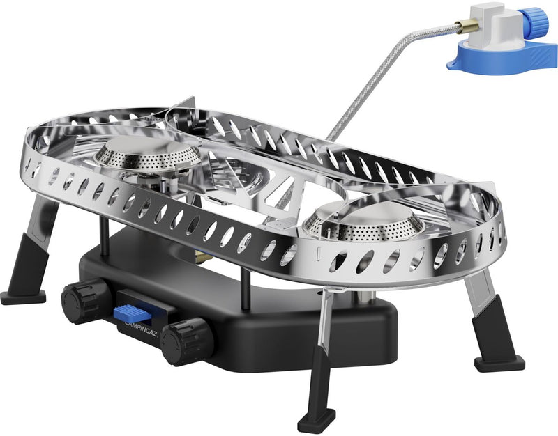 Estufa de calefacción central Campingaz camp trek twin connect - superficie de cocción estable 2x ø15cm - 2x quemadores de 2000 vatios