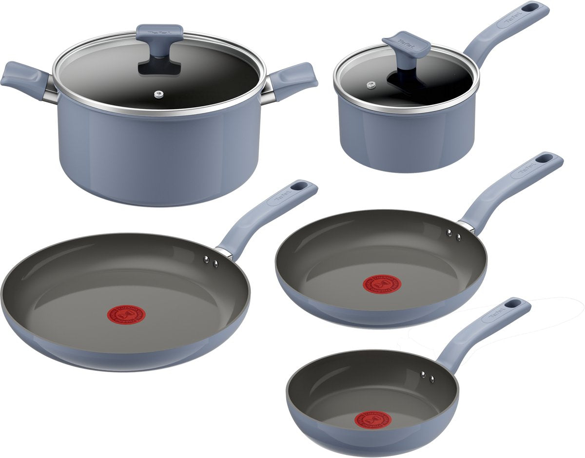 Tefal cera color on - set di pentole in ceramica - 5 pezzi - blu - senza pfas - adatto per induzione