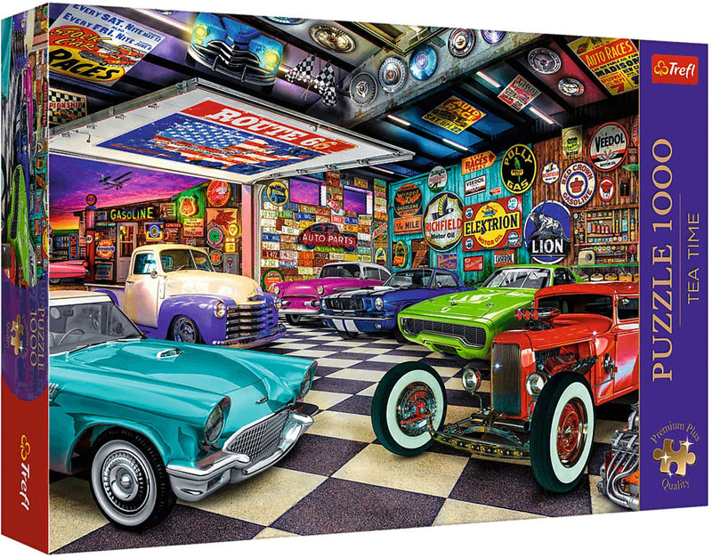 Puzzle Trefl da 1000 pezzi - Garage per collezionisti di auto premium plus per l'ora del tè.