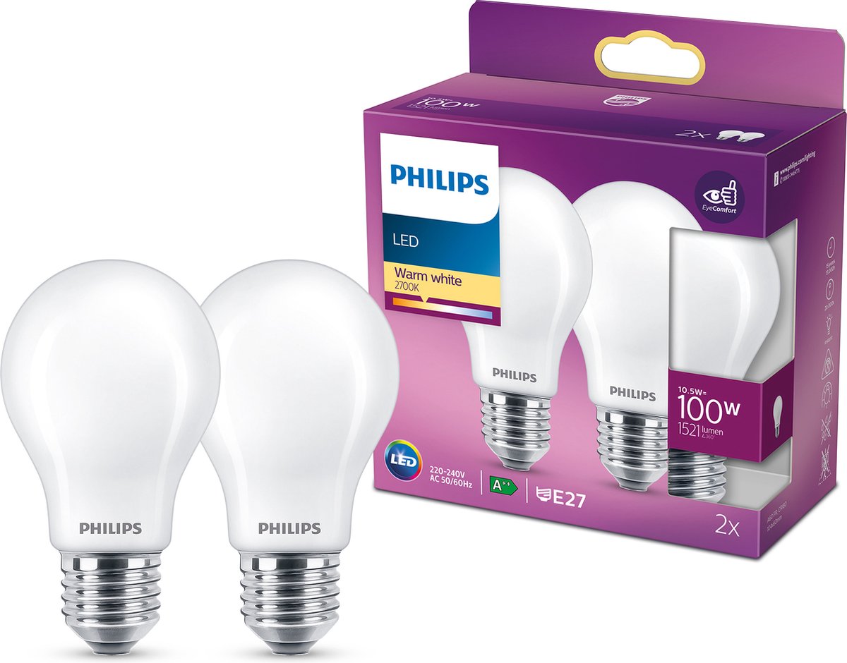 Lampada LED Philips a risparmio energetico opaca - 100 w - E27 - luce bianca calda - 2 pezzi - risparmia sui costi energetici