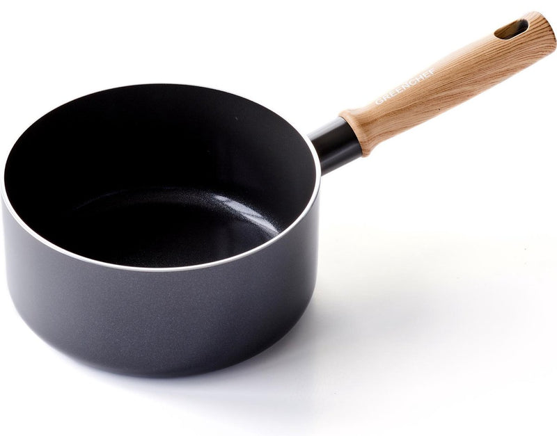 Pentola vintage Greenchef 18 cm - 2,1 l - rivestimento antiaderente senza pfas - padella wok a induzione - pentola in ceramica - resistente al forno fino a 160°C - manico in legno - maniglia refrigerante - senza coperchio - nera