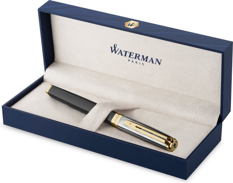 Pluma estilográfica Waterman excepción | metal y laca negra con detalle dorado y capuchón cincelado | Plumín mediano de oro de 18 quilates | con caja de regalo