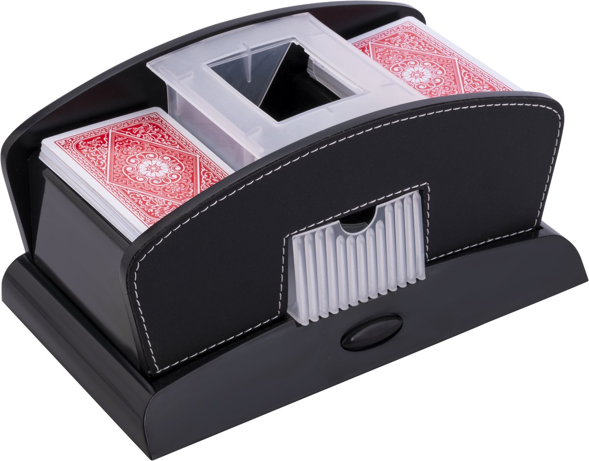Mescolatore di carte Engelhart - automatico - pelle nera - pulsante - 23 x 13 x 10,5 cm -
