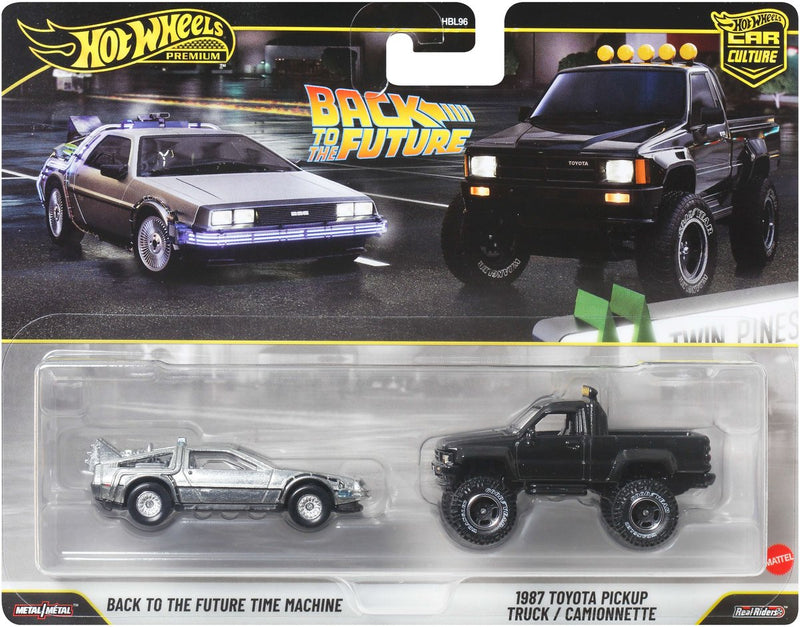 Hot Wheels Premium Car Culture, juego de 2: Regreso al futuro, máquina del tiempo y camioneta Toyota de 1987