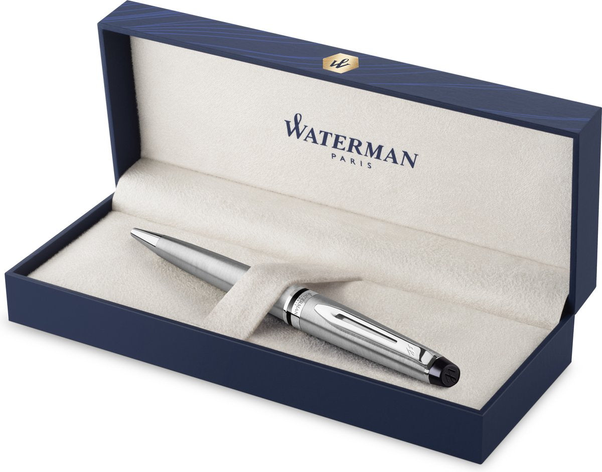 Waterman expert-balpen | roestvrij staal met chromen rand | medium punt met blauwe-inktnavulling | met geschenkdoos