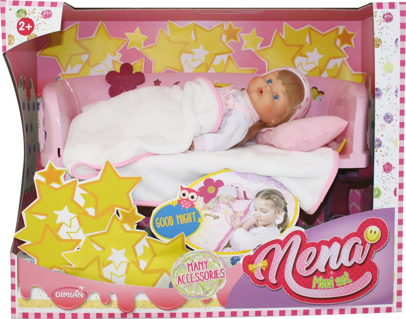 Nena bebé Dimian de 36cm con complementos para la cama.