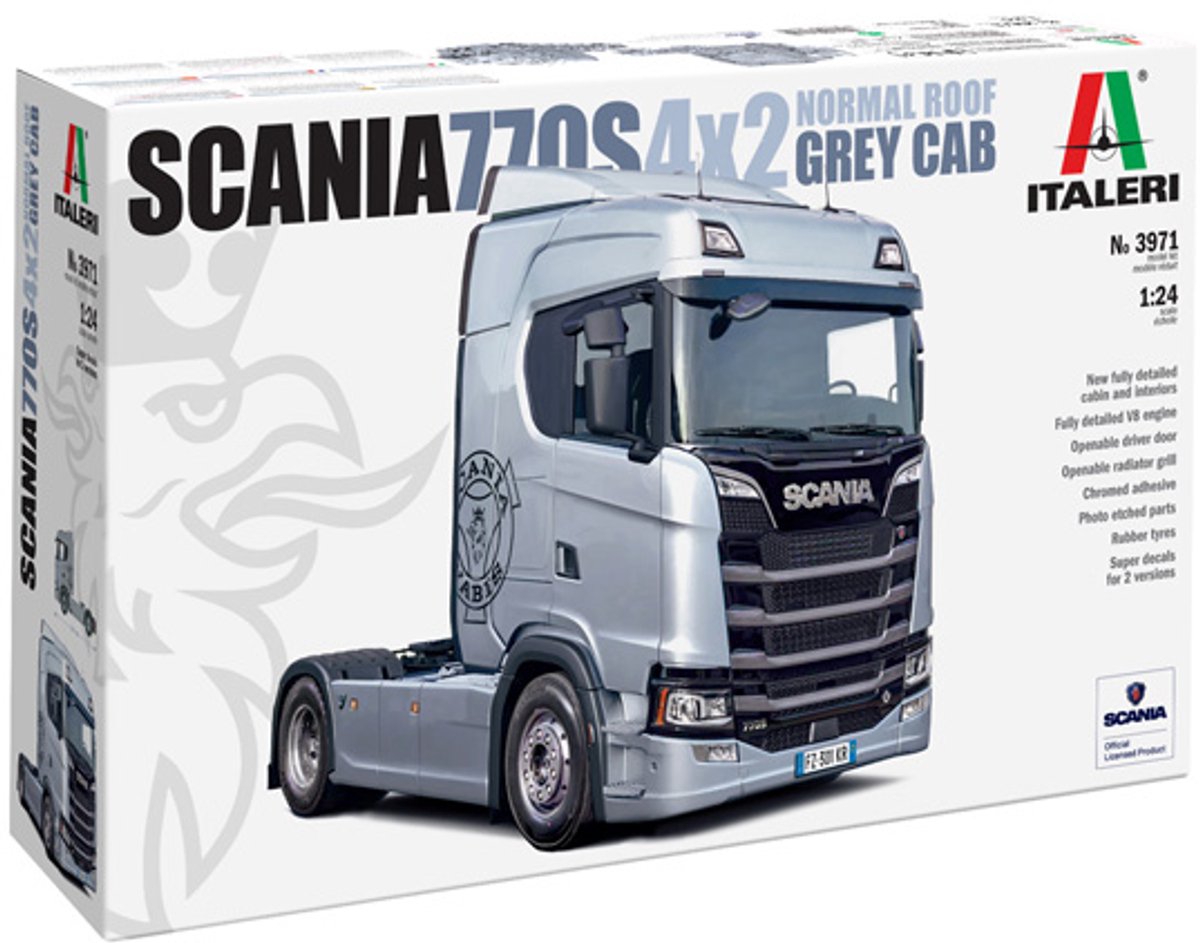 Kit de construcción para maquetas de camiones Italeri - 3971 scania s770 v8 4x2 - cabina normal - versión gris - plástico para camión - 1:24 - construcción modelo