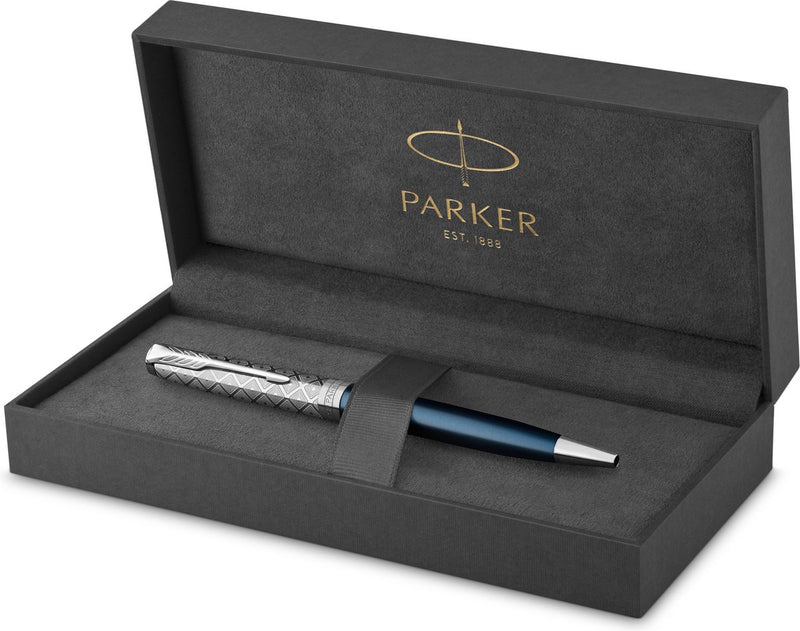 Penna stilografica Parker sonetto | | acciaio inossidabile e lacca blu | pennino fine con ricarica di inchiostro nero | confezione regalo