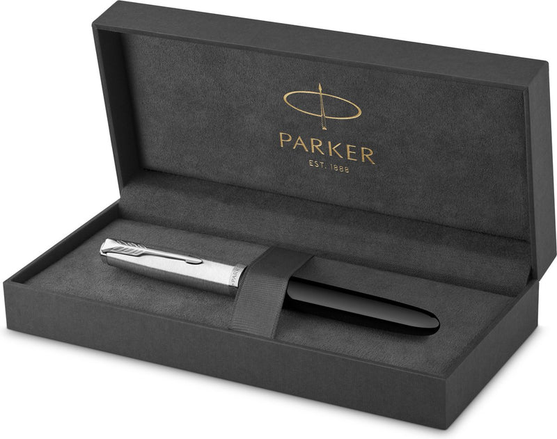 Pluma estilográfica Parker 51 | resina negra | detalle cromado | punta fina con tinta negra | embalaje de regalo