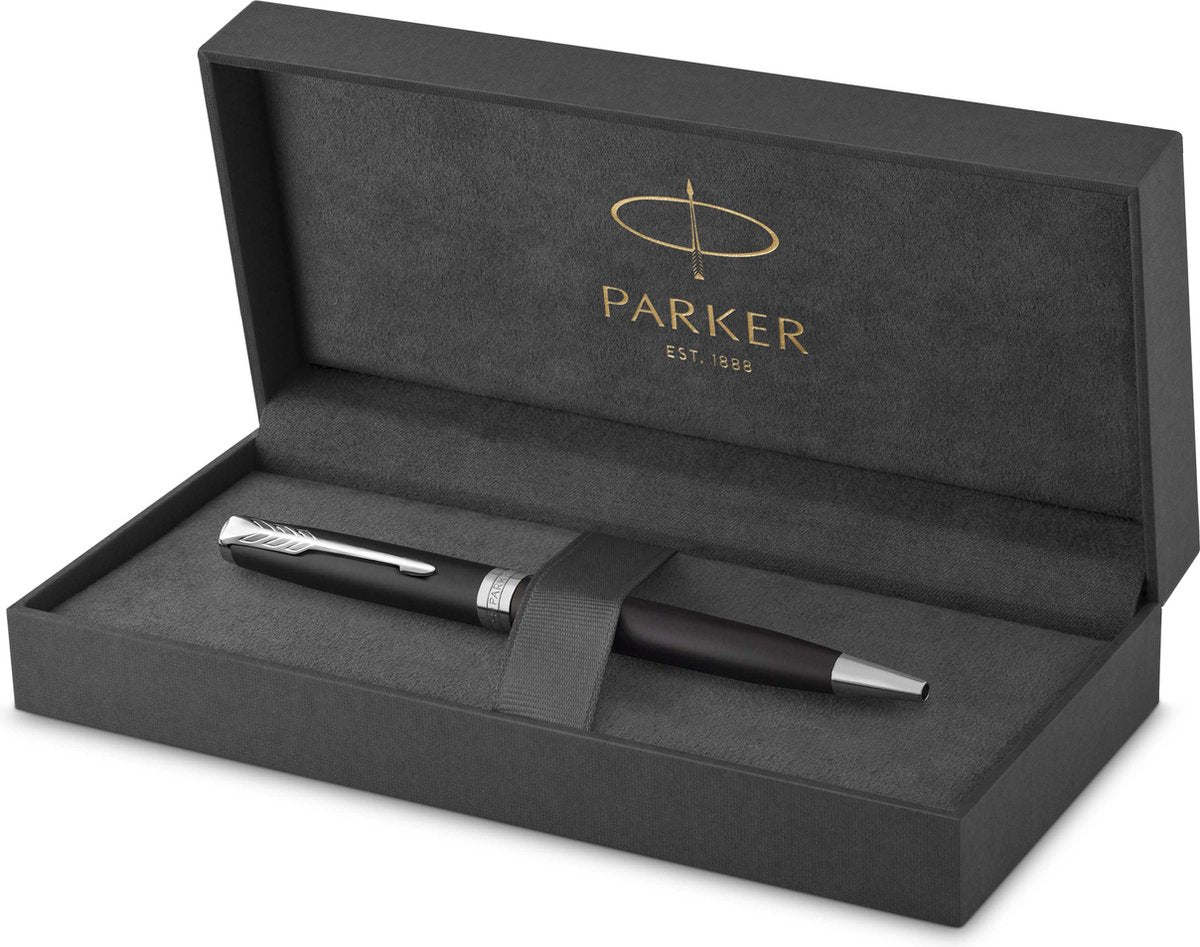 Parker sonnet-balpen | matzwart met palladium rand | medium penpunt met zwarte inkt | geschenkdoos