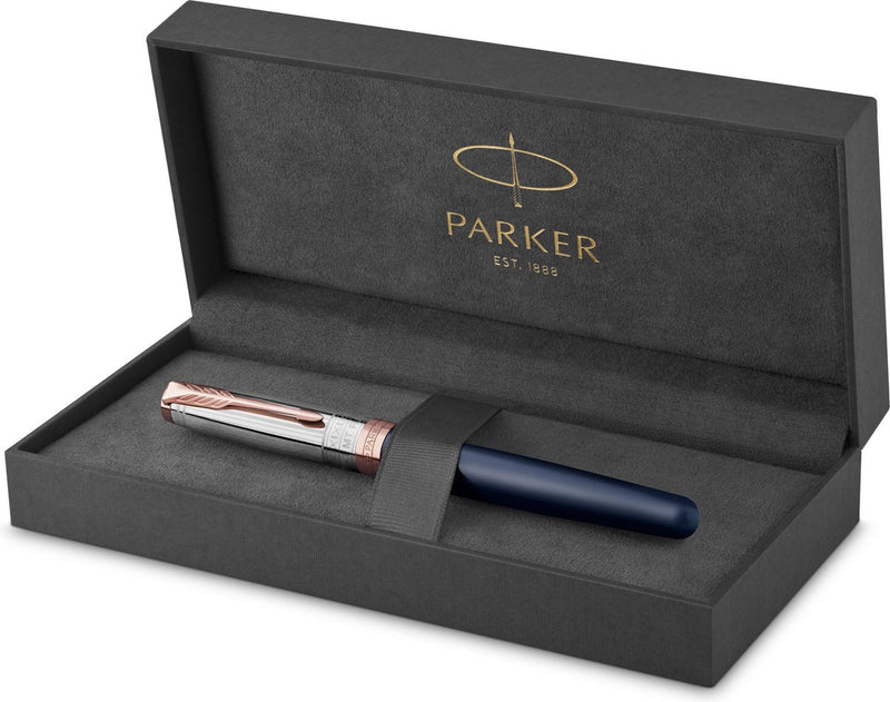 Pluma estilográfica Parker Soneto | Colección Intrepid Journeys, edición Monte Fuji | lacado azul y plata maciza con acabado en oro rosa | plumín de oro macizo mediano | embalaje de regalo