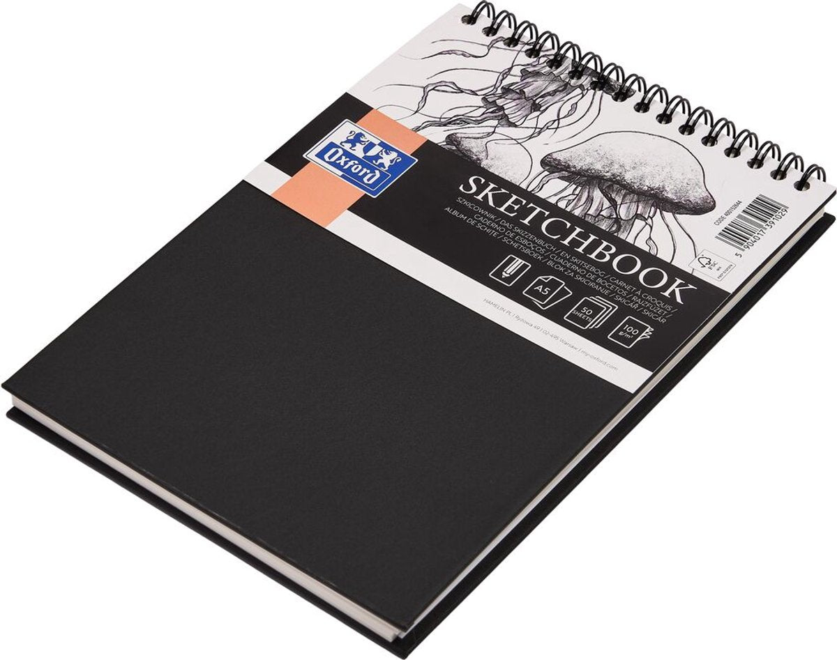 Oxford schetsboek - a5 - 50 vel - 100g papier - dubbel spiraal - harde kaft - zwart