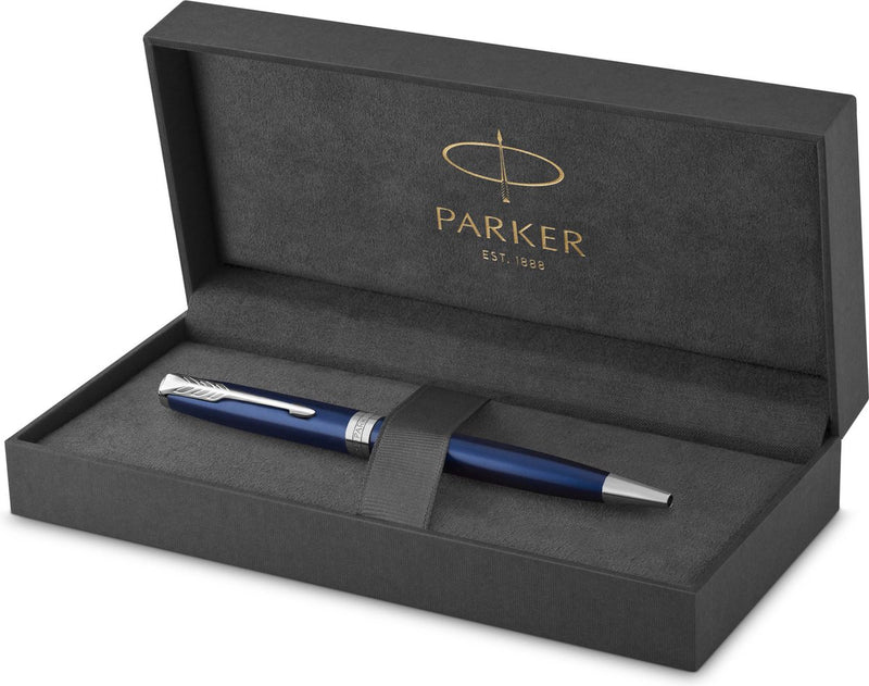 Penna a sfera Parker Sonetto | verniciato blu con finiture in palladio | inchiostro nero a punta media | confezione regalo