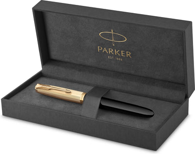 Pluma estilográfica Parker 51 | Oro puro de 18 quilates | resina negra | detalle de oro | punta fina con tinta negra | embalaje de regalo