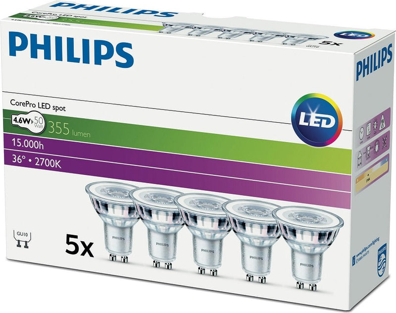 Philips spot LED gu10 - 4,6w (50w) - luce bianca calda - non dimmerabile - 5 pezzi