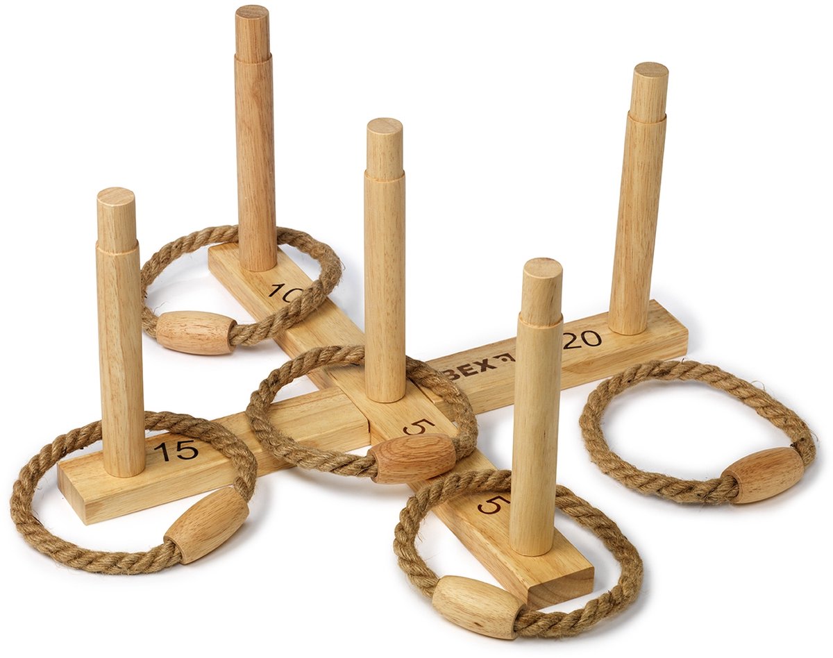 Bex ring toss original – ring werpspel – houten buitenspel van rubberhout – klassiek gooispel met ringen – complete set met 5 werpringen – vanaf 8 jaar