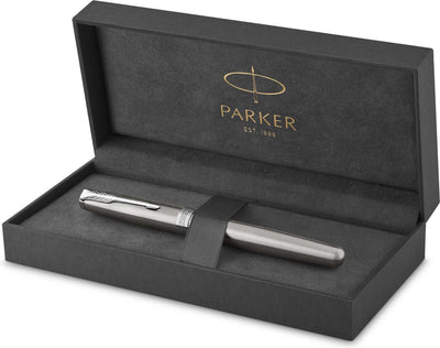 Pluma estilográfica Parker Soneto | acero inoxidable con borde de paladio | punta mediana | envoltorio de regalo