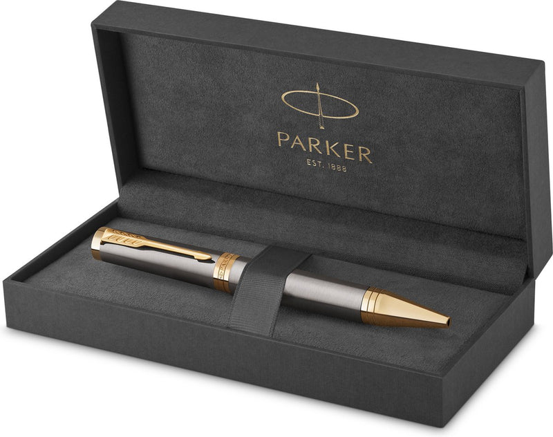 Penna a sfera Parker Ingenuity | vernice grigia con dettagli oro | punto medio | inchiostro blu | confezione regalo