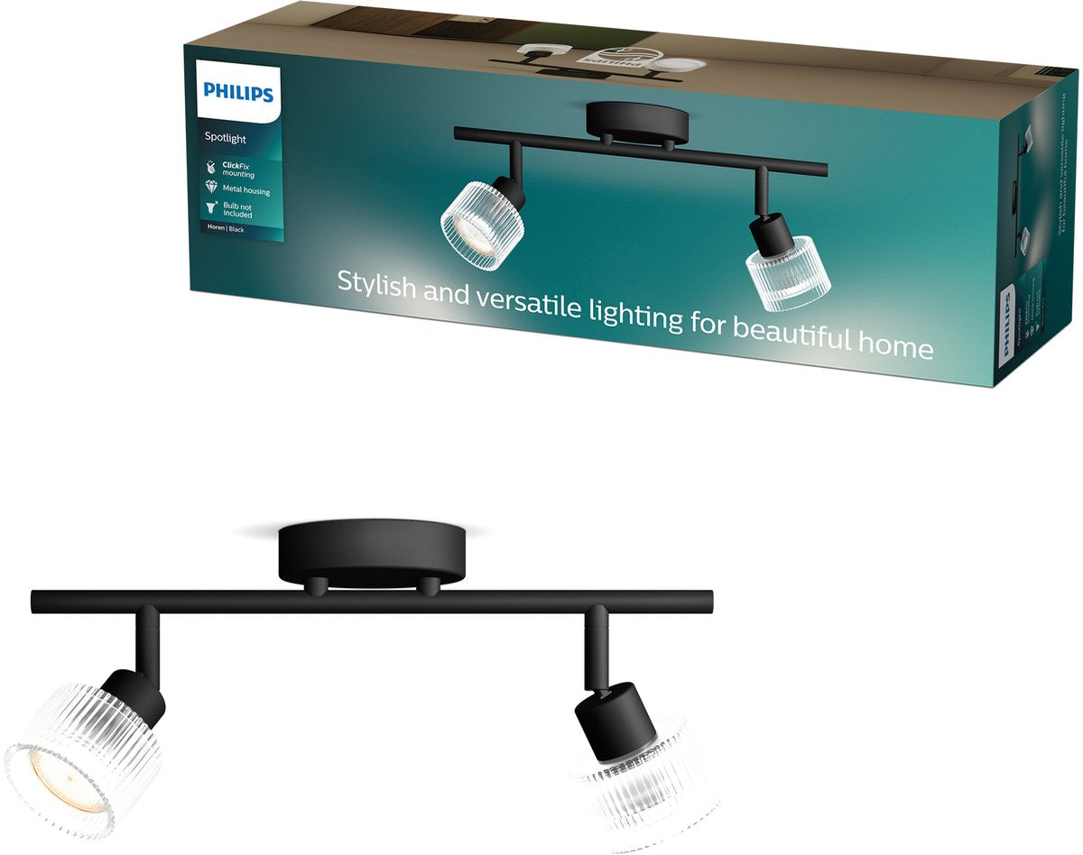 Philips horen opbouwspot - led gu10 fitting - richtbaar - 2 lichtpunten - clickfix - zwart met geribbeld glas