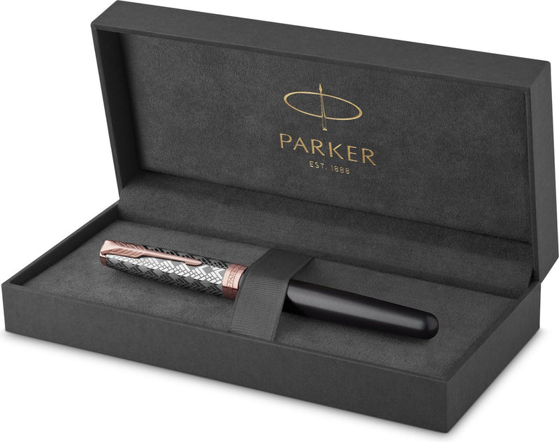 Pluma estilográfica Parker Soneto | acero inoxidable y pintura gris | punta fina con recarga de tinta negra | caja de regalo