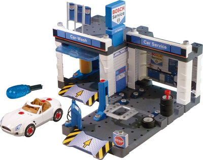 Klein Toys Garage per auto Bosch Car Service - Giocattolo da montare con ponte sollevatore e autolavaggio - 41x39x29 cm - blu