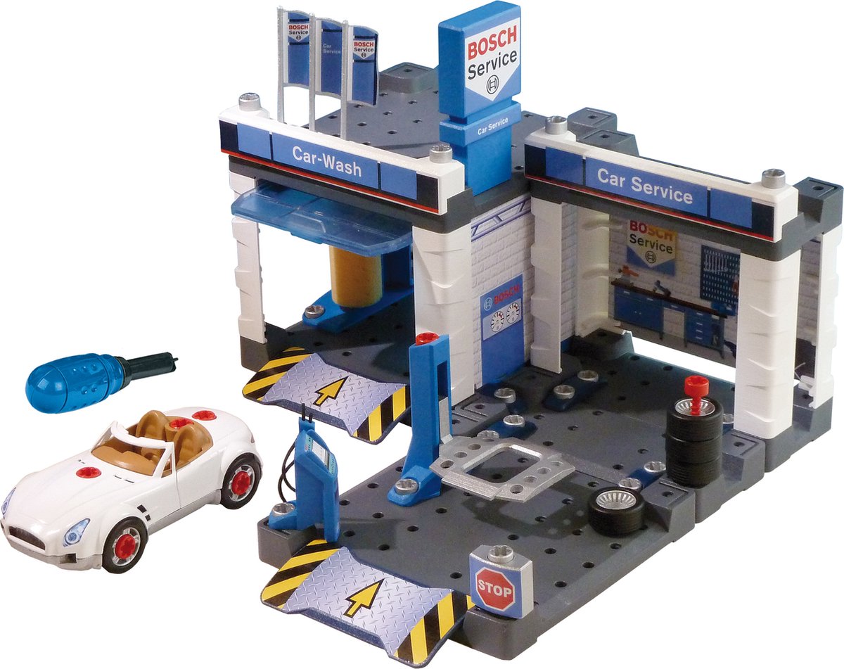 Klein Toys Garage per auto Bosch Car Service - Giocattolo da montare con ponte sollevatore e autolavaggio - 41x39x29 cm - blu