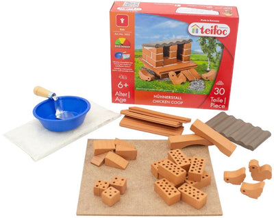 Caja de construcción Teifoc ® – Juego de construcción de gallinero – 30 piezas – Mini ladrillos reales con cemento, cuenco y paleta – Kit de construcción para niños a partir de 6 años